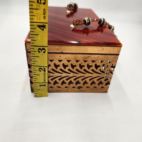 Vintage 1950's Tortoiseshell Amber Color Lucite Brass Filigree Box Purse Beaded - Picture 13 of 13